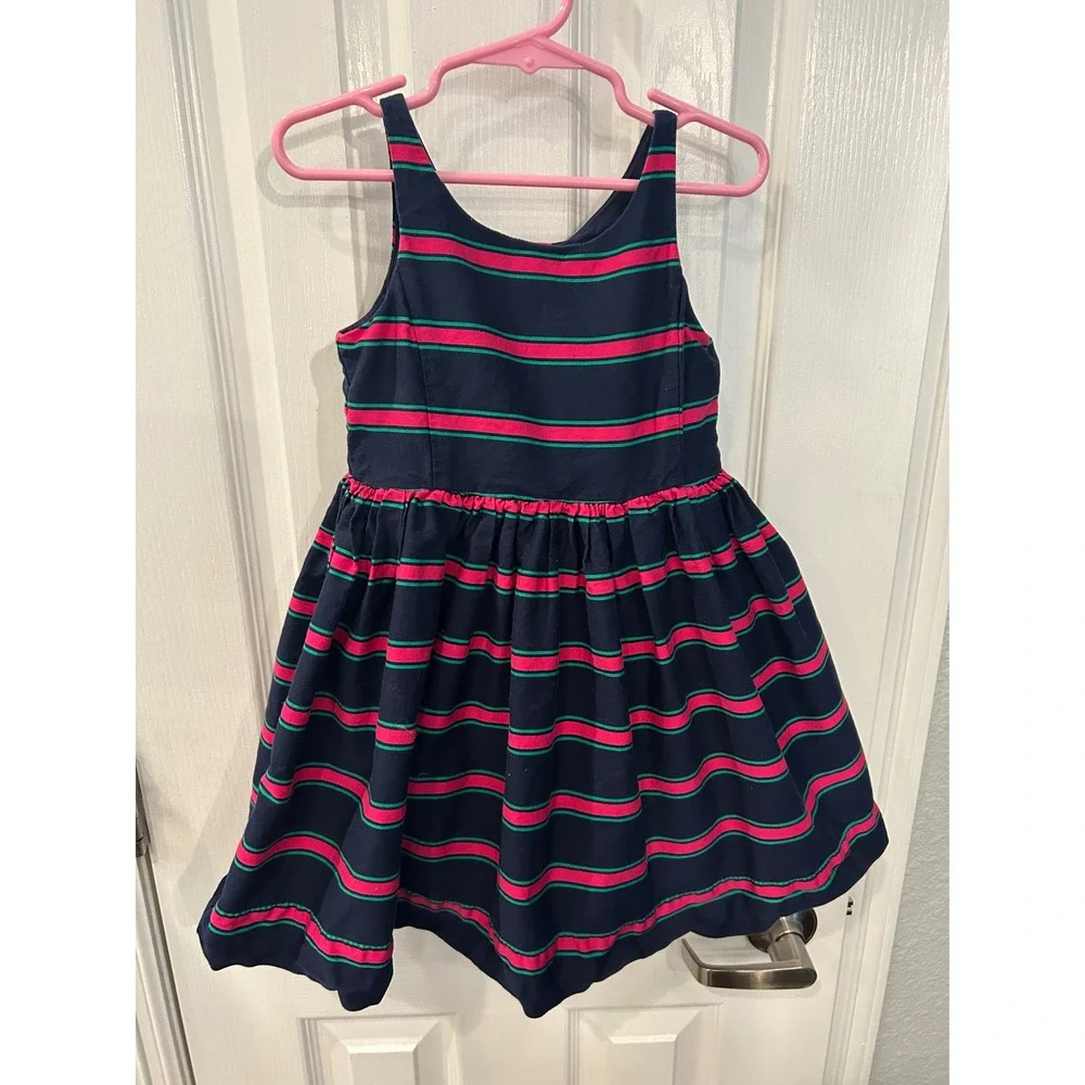 Ralph Lauren Dress Navy Blue Pink Green Striped Button Back Fit Flare 4/4T Kids